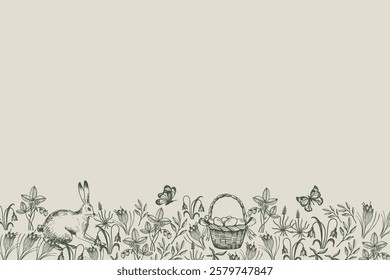 Vector Easter banner with chicken nest, eggs, bunny and flowers on field in engraved vintage style. Hand drawn Paschal festive spring background with blooming meadow for text. Christian border 