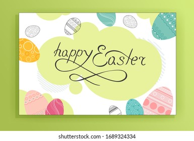 Vector easter banner with color and contour image of holiday eggs. Flat decorative elements. Icons of easter eggs. Easter celebration.