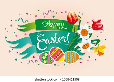 Vector Easter banner with colored eggs, tulips and daffodils