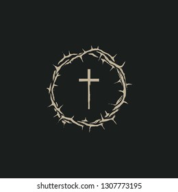 Vector Easter banner with crown of thorns and cross on the black background