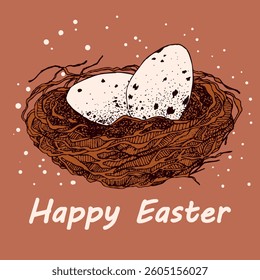 Vector Easter banner with eggs in bird's nest. Festive background with place for text for flyer. Hand drawn vector illustration, holiday design.