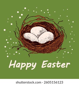 Vector Easter banner with eggs in bird's nest. Festive background with place for text for flyer. Hand drawn vector illustration, holiday design.