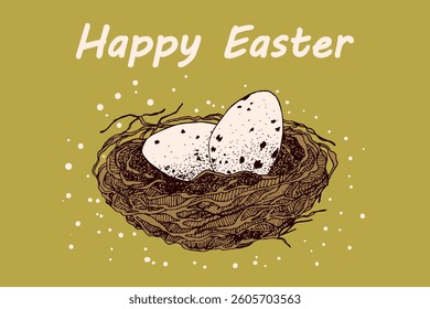 Vector Easter banner with eggs in bird's nest. Festive background with place for text for flyer. Hand drawn vector illustration, holiday design.