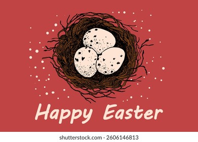 Vector Easter banner with eggs in bird's nest. Festive background with place for text for flyer. Hand drawn vector illustration, holiday design.