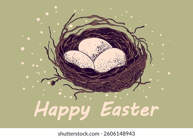 Vector Easter banner with eggs in bird's nest. Festive background with place for text for flyer. Hand drawn vector illustration, holiday design.