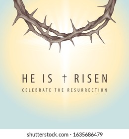 Vector Easter banner or greeting card with words He is risen, Celebrate the resurrection, with a crown of thorns on the background of sky at sunrise