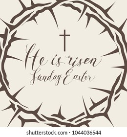 Vector Easter banner with handwritten inscriptions He is risen, Sunday Easter, with crown of thorns and cross