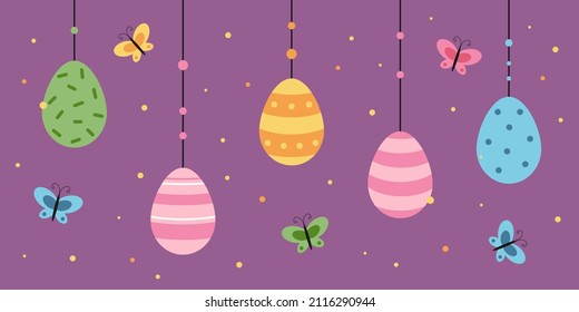 Vector easter banner. Easter hanging eggs with butterflies. Colorful.