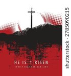 Vector easter banner or icon on Christian theme with cross on the hill Calvary on sundown on scratched background in grunge style.