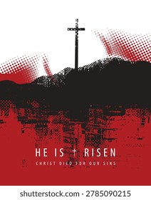 Vector easter banner or icon on Christian theme with cross on the hill Calvary on sundown on scratched background in grunge style.