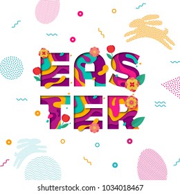 Vector Easter banner of paper cut text lettering with spring cherry and tulip flowers. Papercut Easter poster with modern colored egg and bunny pattern on white background for banner template