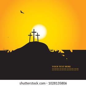 Vector Easter banner with place for text with a picture of mount Calvary, the three crosses and vultures at sunset