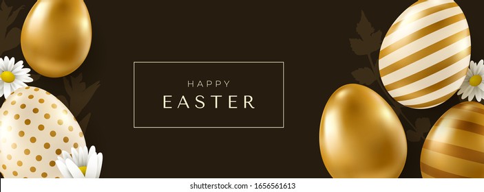 Vector Easter banner. Realistic golden eggs on dark brown bacground. Easter design elements.