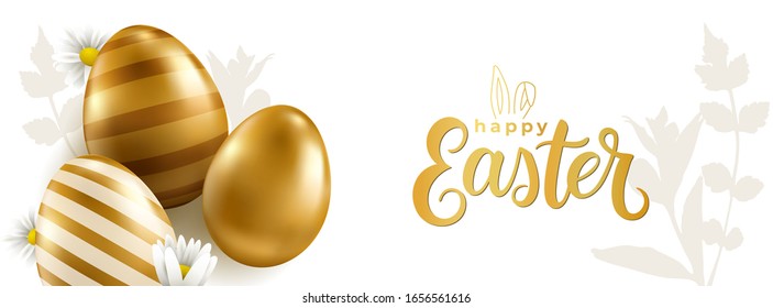 Vector Easter banner. Realistic golden eggs on white background. Easter design elements.