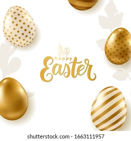 Vector Easter banner. Realistic golden eggs on white background. Happy Easter gold calligraphy.