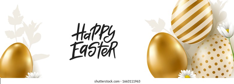 Vector Easter banner. Realistic golden eggs on white background. Easter design elements.