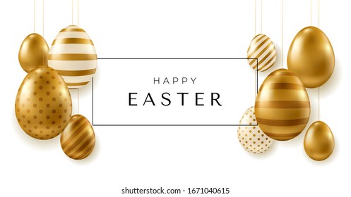 Vector Easter banner. Realistic golden eggs on white background. Easter design elements.