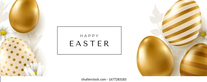 Vector Easter banner. Realistic golden eggs on white background. Easter design elements.