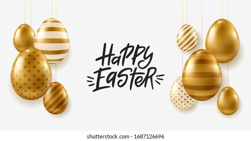 Vector Easter banner. Realistic golden eggs on white background. Easter design elements.