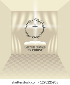 Vector Easter banner with words Every life changed by Christ, with a crown of thorns, cross and open bible