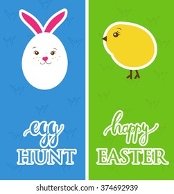 Vector easter banners with  egg, rabbit, chick and grass - symbols of Easter