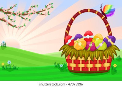 Vector Easter basket with decorated eggs on a beautiful spring day. EPS AI8, all elements layered and grouped.