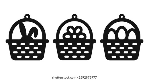 Vector Easter basket designs with bunny, flower and eggs for earrings, pendant or keychain. Jewelry cutting template. Laser cut with leather, wood or metal. Spring hanging bijouterie stencils