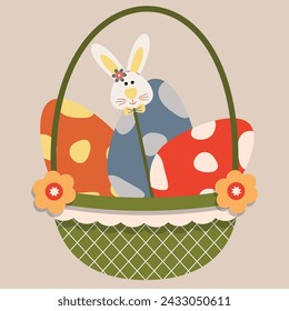 Vector Easter basket with eggs and bunny on a stick