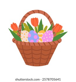 Vector Easter basket with eggs, tulips and leaves isolated on white background