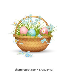 Vector Easter basket full of eggs and spring flowers on white background