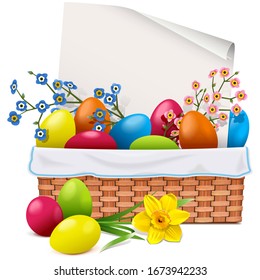 Vector Easter Basket with Greeting Card isolated on white background