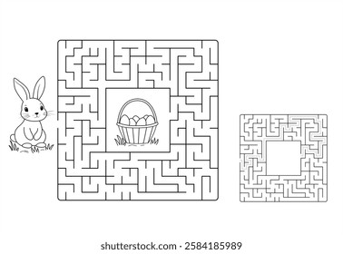 Vector Easter Basket Maze - Black and White Square Puzzle with Bunny Design