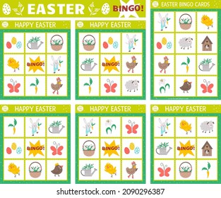 Vector Easter bingo cards set. Fun family lotto board game with cute bunny, hen, chicken, Easter eggs for kids. Spring holiday lottery activity. Simple educational printable worksheet.
