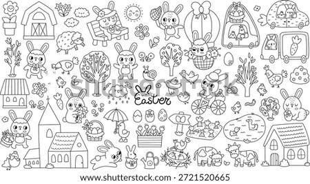 Vector Easter black and white clipart set. Cute line farm icons collection with bunny, chicks, church, colored eggs, basket, house. Festive illustrations for kids. Spring holiday coloring page 
