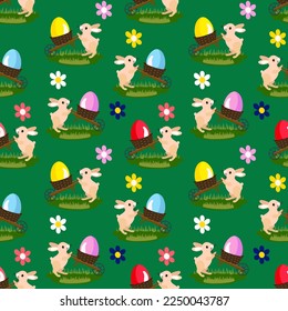 Vector - easter bunnies with eggs in a wheelbarrow seamless pattern.