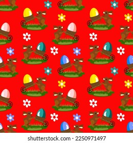 Vector - easter bunnies with eggs in a wheelbarrow seamless pattern.