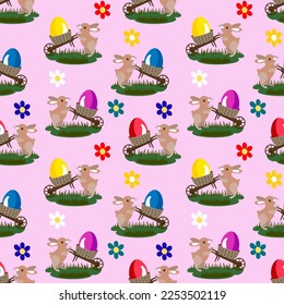 Vector - easter bunnies with eggs in a wheelbarrow seamless pattern.