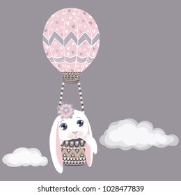 Vector Easter bunny in air balloon. Spring illustration. Funny fashion rabbit. Happy Easter greeting card. 