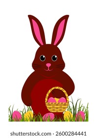 vector easter bunny with basket of easter eggs in grass isolated on white background