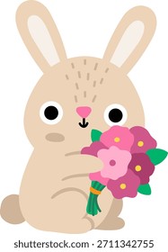 Vektor Osterhase mit Blumenstrauß. Lustiges Kaninchen-Symbol. Niedliche Frühlings- oder Bauernhof-Tierdarstellung für Kinder. Lustiger Hasen-Clipart einzeln auf weißem Hintergrund
