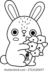 Coelho de Páscoa vetorial com buquê de flores. Ícone engraçado da linha do coelho. Ilustração em preto e branco de primavera ou animal de fazenda para crianças. Engraçado clipart lebre, colorir página isolada no fundo branco
