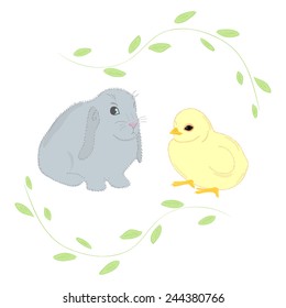 Vector easter bunny And chicken. Happy easter card. Hand-drawn background. 
