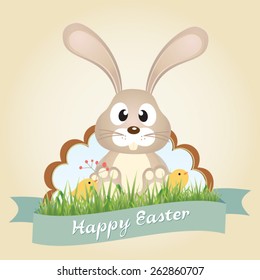 Vector Easter bunny with chicks. Happy Easter. Vector