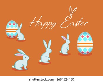 Vector easter bunny collection with eggs, isolated on orange, with happy easter lettering
