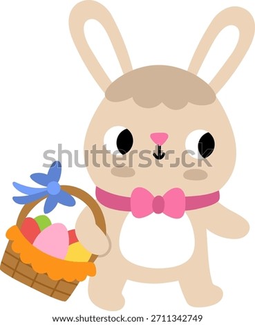 Vector Easter bunny with colored eggs basket. Rabbit with pink bow tie icon. Cute spring or farm animal illustration for kids. Funny hare clipart isolated on white background
