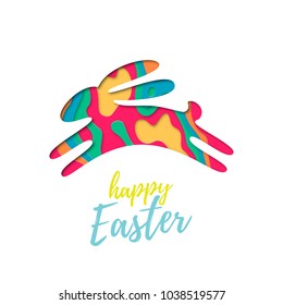 Vector Easter bunny of colored paper cut in jump. Happy Easter greeting card text with cartoon shape rabbit isolated on white background. Funny cute trend design illustration for poster, sale banner