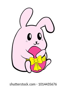 Vector Easter Bunny with colorful egg in his paws isolated on white background. Easter Bunny with colorful egg with bow-knot. Illustration for the Easter holiday.