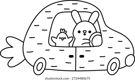 Coelho de Páscoa vetor dirigindo um carro em forma de cenoura com ícone de linha de passageiro de filhote. Página de coloração do motorista do coelho. Ilustração em preto e branco de primavera ou animal de fazenda para crianças. Engraçado clipart lebre
