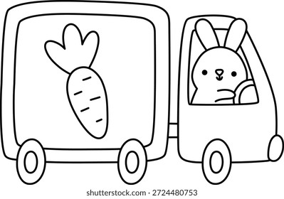 Coelho de Páscoa vetor dirigindo um caminhão com ícone de linha de sinal de cenoura. Página de coloração do motorista do coelho. Ilustração em preto e branco de primavera ou animal de fazenda bonito para crianças. Lebre engraçada em caminhão clipart 

