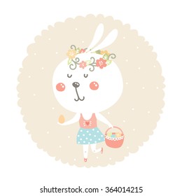 Vector easter bunny with egg and basket. Happy easter card with cute rabbit, pastel colors